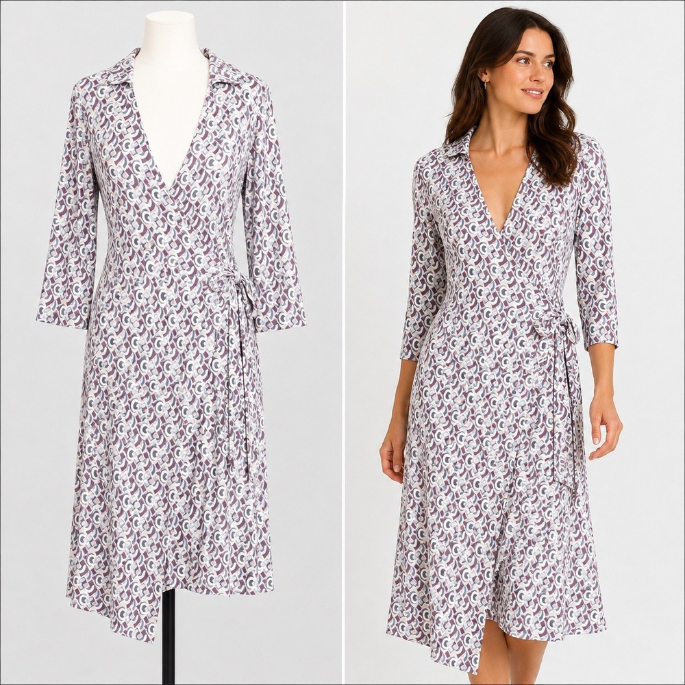 Banana Republic Wrap Dress Womens Small Purple Geometric 3/4 Sleeve Asymmetrical